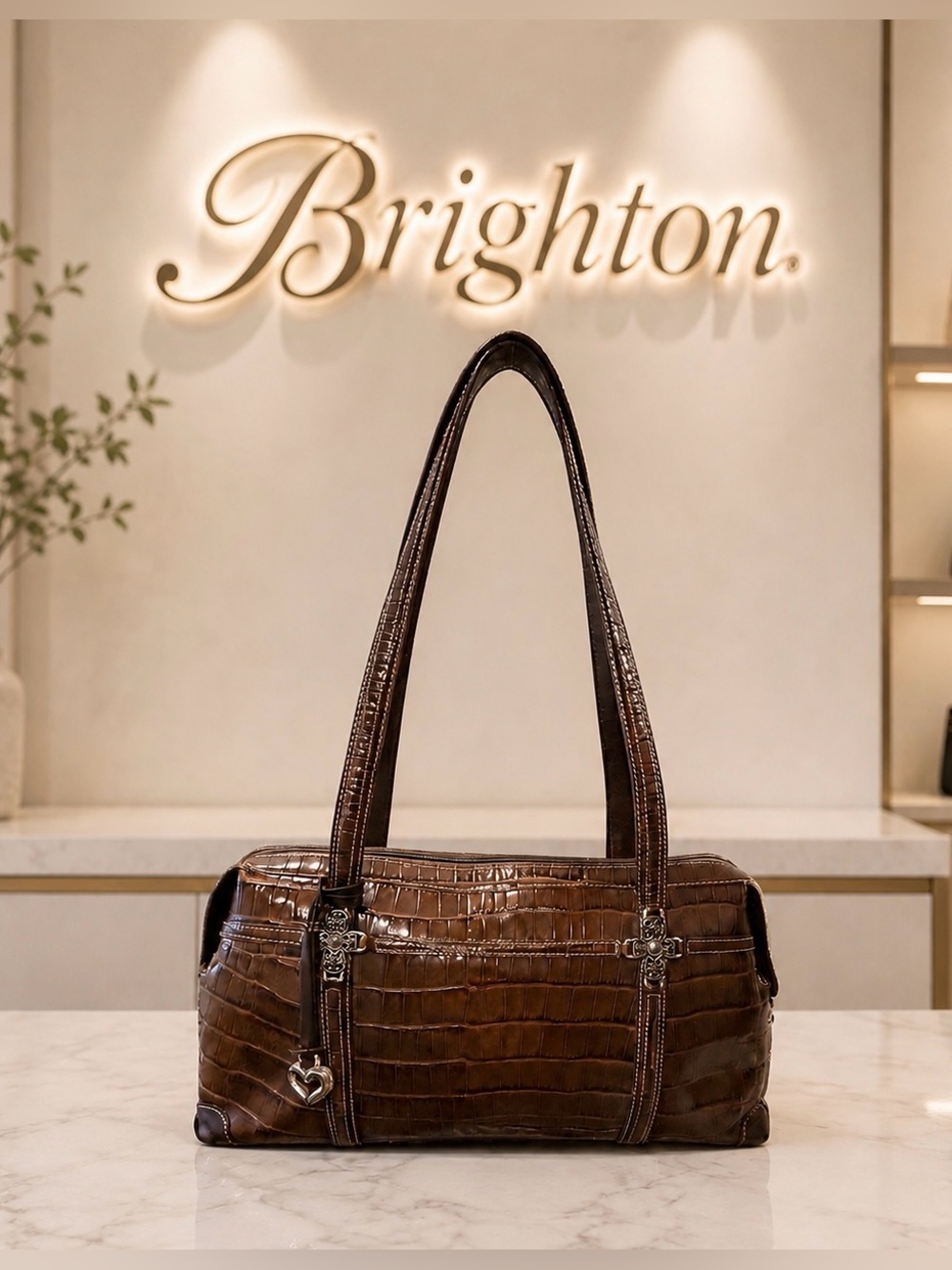 Brighton Genuine Leather Croc-Embossed Shoulder Bag Vintage Chocolate Brown EUC